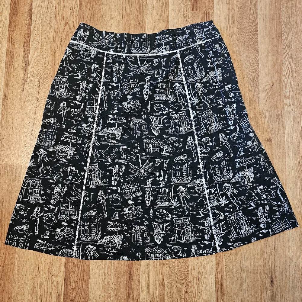 DressBarn Paris Scene Print A-Line Skirt Size 8 Black White